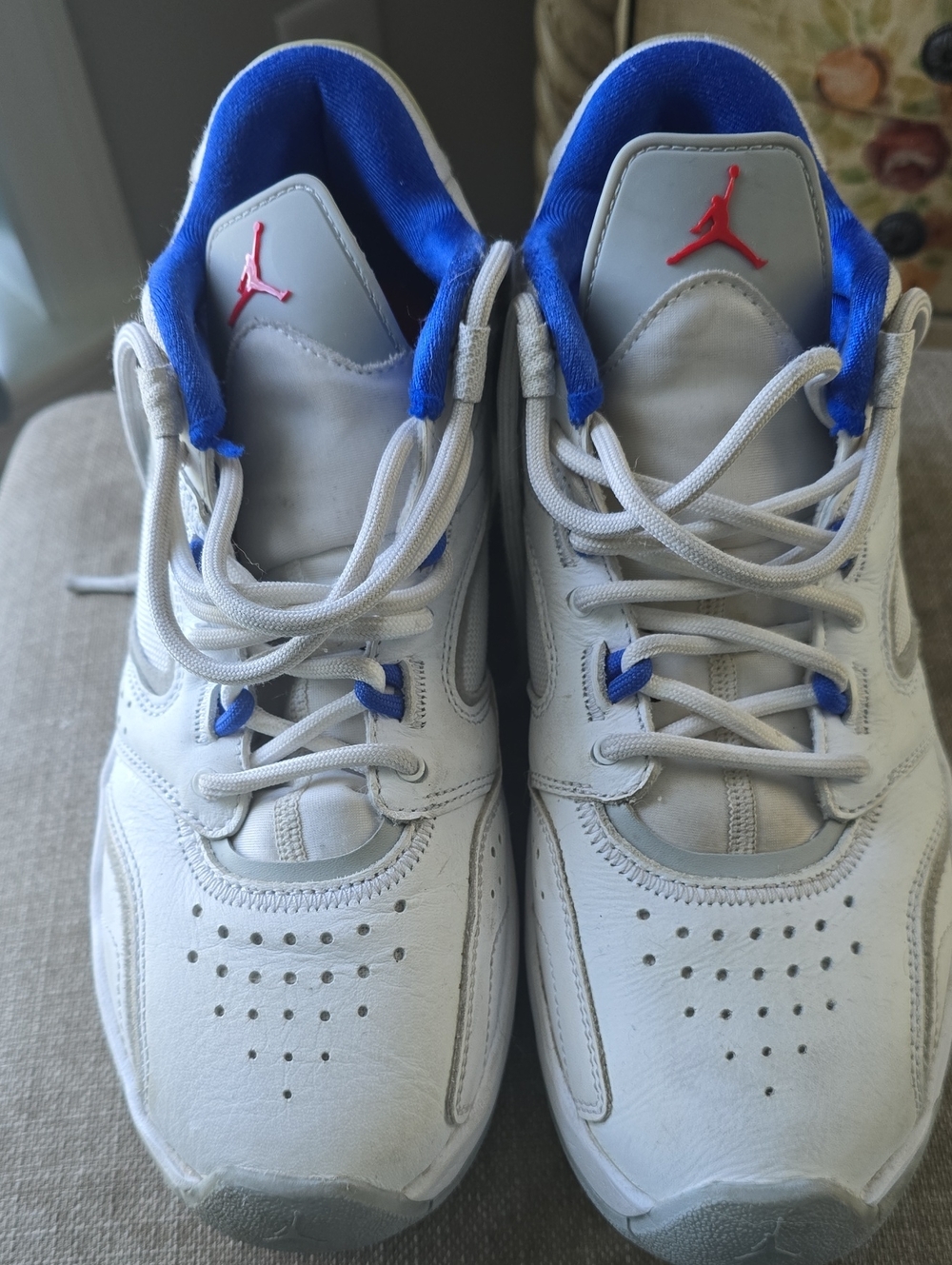 Jordan Mens White Sneakers with Blue Lining and Red Jumpman